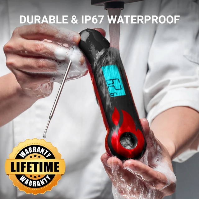 Alt view image 4 of 6 - Professional Meat Thermometer, Instant Read in 0.5 Sec, NIST Certified Accuracy ±0.5°F, IP67 Waterproof, Ambidextrous Backlight & Auto-Rotating Display, for BBQ/Grill/Cooking, Black&Red
