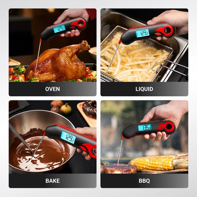Alt view image 5 of 6 - Professional Meat Thermometer, Instant Read in 0.5 Sec, NIST Certified Accuracy ±0.5°F, IP67 Waterproof, Ambidextrous Backlight & Auto-Rotating Display, for BBQ/Grill/Cooking, Black&Red