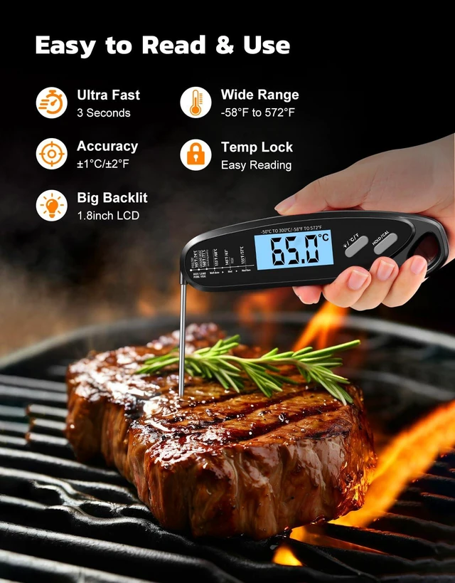 Alt view image 3 of 7 - Instant Read Meat Thermometer Digital for Cooking with Dual Probe | Large Backlit, 40" Long Wire Probe, Food Thermometer for Grilling, Smoker, BBQ, Candy, Oil Fry, Kitchen, Gift for Men, Black