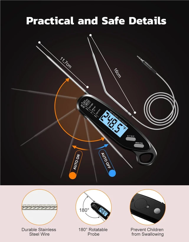 Alt view image 6 of 7 - Instant Read Meat Thermometer Digital for Cooking with Dual Probe | Large Backlit, 40" Long Wire Probe, Food Thermometer for Grilling, Smoker, BBQ, Candy, Oil Fry, Kitchen, Gift for Men, Black