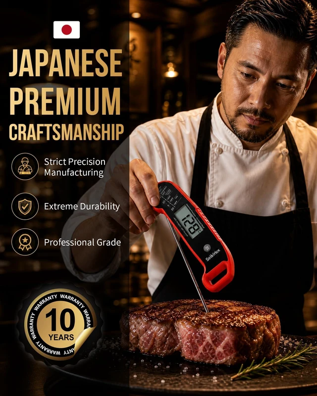 Alt view image 3 of 6 - Professional <1s Instant Read Meat Thermometer, ±0.5 Thermocouple Probe, IP67 Waterproof Red Digital Cooking Thermometer, Japanese Precision for Kitchen, BBQ Grill
