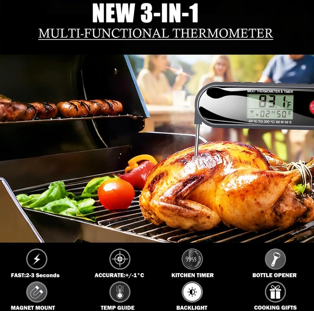 Alt view image 2 of 7 - 3 in 1 Meat Thermometer Digital, Use for Cooking, Food,Grill. Dad BBQ Gifts | Kitchen Thermometer with Bottle Opener&Kitchen Timer, 2~3 Seconds Fast Response Time, Waterproof (IP65)