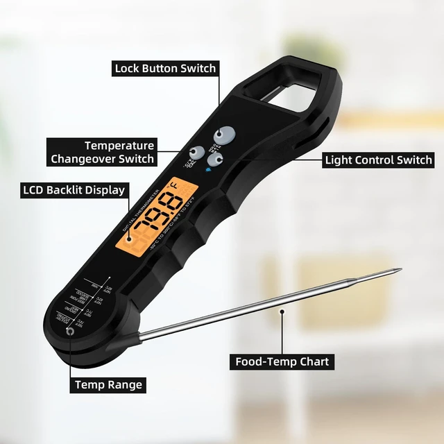 Alt view image 2 of 7 - Meat Thermometer Waterproof Food Thermometer with Backlight and Calibration for Kitchen, Outdoor Grilling and BBQ (Black)