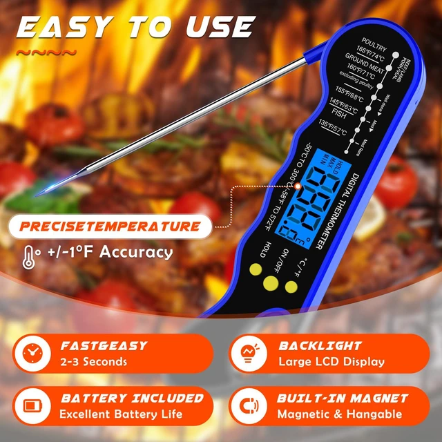 Alt view image 4 of 6 - Instant Read Meat Thermometer, Fast & Accurate Digital Food Thermometer with Backlight, Waterproof & Magnet for Grilling, Cooking, BBQ, Smoker, Baking, and Candy Making Blue