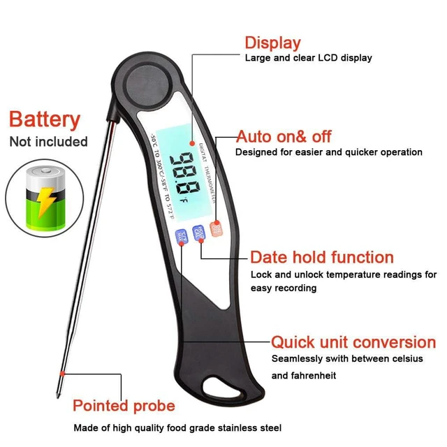 Alt view image 2 of 7 - Digital Meat Thermometer- Instant Read Food Thermometer for Cooking, Collapsible Probe with Backlight Waterproof Food Thermometer,for Turkey Grill BBQ Candy.Meat.Steak, Black
