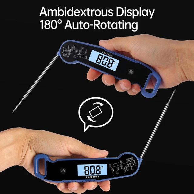 Alt view image 4 of 7 - Instant-Read Meat Thermometer, 1-Second, ±0.5°F Accuracy, Blue | Professional Thermocouple Sensor, IP67 Waterproof, Auto-Rotating Backlit Display, Motion-Activated Wake Function for Cooking