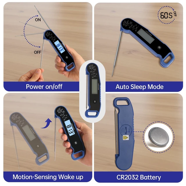 Alt view image 5 of 7 - Instant-Read Meat Thermometer, 1-Second, ±0.5°F Accuracy, Blue | Professional Thermocouple Sensor, IP67 Waterproof, Auto-Rotating Backlit Display, Motion-Activated Wake Function for Cooking