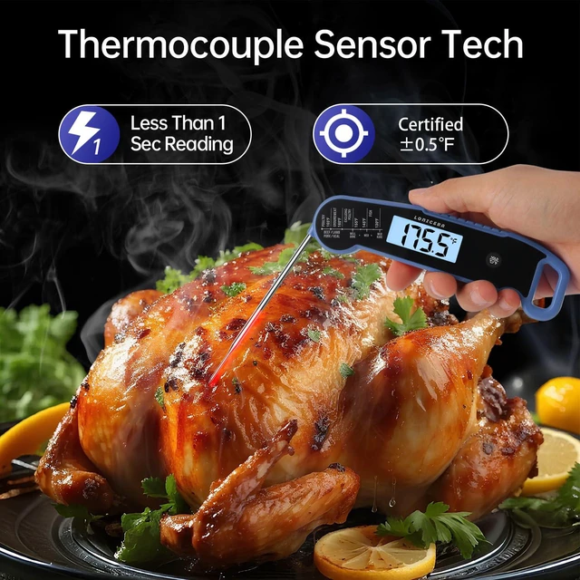 Alt view image 2 of 7 - Instant-Read Meat Thermometer, 1-Second, ±0.5°F Accuracy, Blue | Professional Thermocouple Sensor, IP67 Waterproof, Auto-Rotating Backlit Display, Motion-Activated Wake Function for Cooking