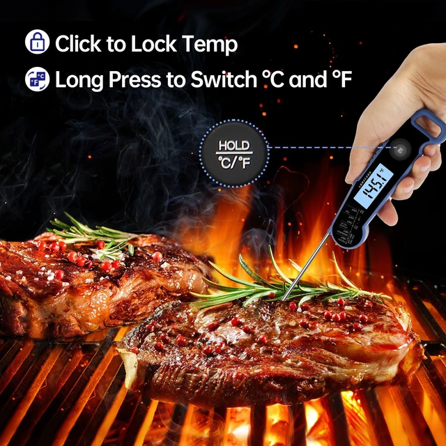 Alt view image 3 of 7 - Instant-Read Meat Thermometer, 1-Second, ±0.5°F Accuracy, Blue | Professional Thermocouple Sensor, IP67 Waterproof, Auto-Rotating Backlit Display, Motion-Activated Wake Function for Cooking