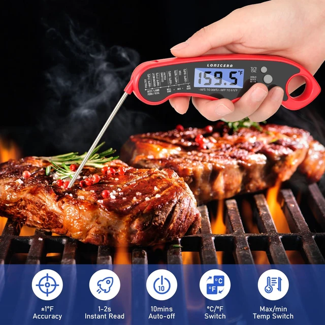 Alt view image 2 of 6 - Digital Meat Thermometer, 1-2 s Instant Read, Foldable Probe, Red | IP66 waterproof design, backlit display, calibration function, for meat, baking and grilling