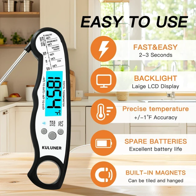 Alt view image 2 of 6 - Digital Instant Read Meat Thermometer for Cooking, Food,Grill | 1-2 Sec Ultra-Fast Response, Bright Backlit Screen, Waterproof (IP67) Pre-Calibrated & Ready for Use