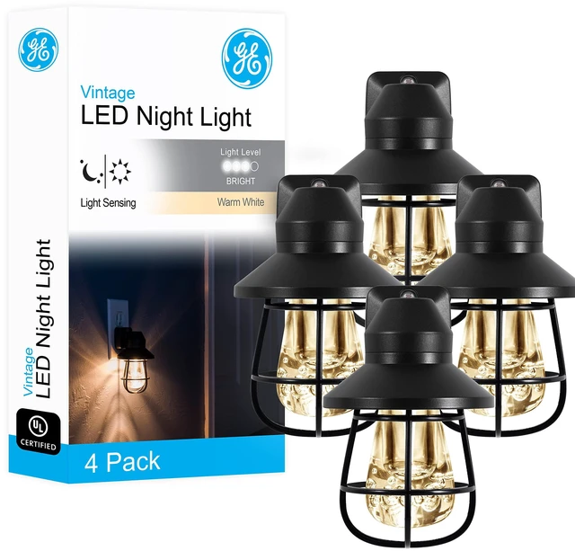Main image of Vintage LED Night Light, Plug-in, Dusk to Dawn Sensor, Farmhouse Decor, Mood Lighting, Home Decor, Ambient Lighting, LED Lights for Bedroom, Bathroom, Kitchen, Hallway, 62461, Black, 4 Pack