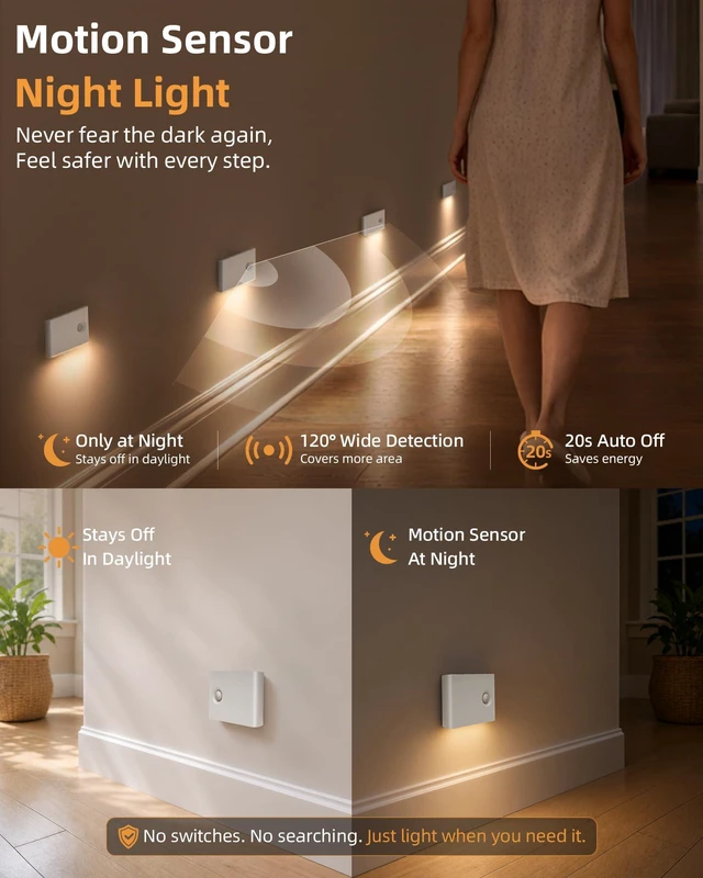 Alt view image 5 of 7 - 6 Pack Motion Sensor Night Lights, Sync LED Stair Lights Indoor, 1500mAh Rechargeable, Magnetic & Dimmable, 3000K Soft White, Portable Nightlight for Hallway, Stairs, Bathroom, Bedroom