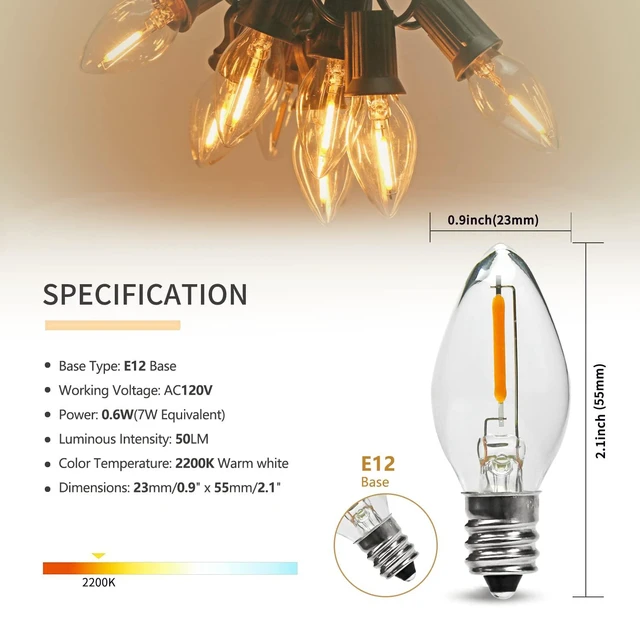 Alt view image 2 of 7 - 25PACK LED Night Light Bulbs, C7 Replacement Bulbs, Warm C7 E12 LED Bulb | Candelabra 0.6W Equivalent to 7W LED Bulbs , Warm White 2200K, 50LM, Shatterproof & Waterproof Clear Plastic Decor Holiday