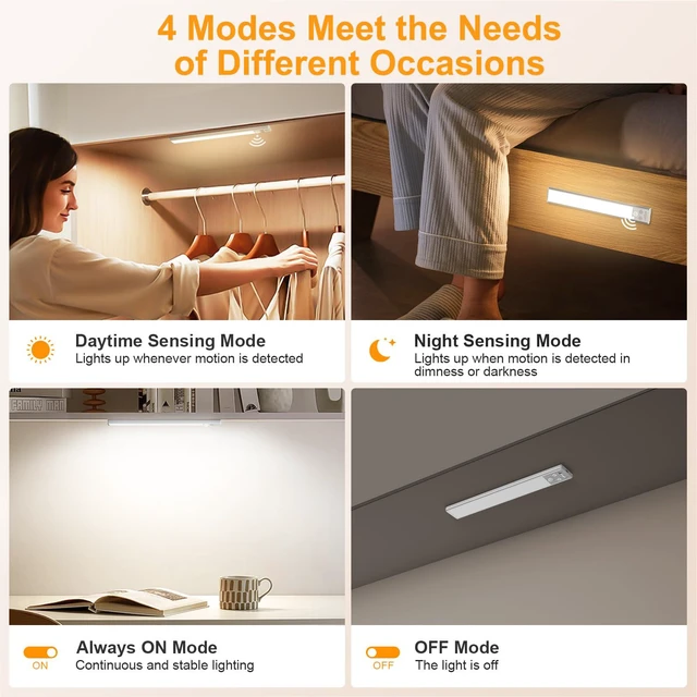 Alt view image 6 of 7 - 10.2inch Under Cabinet Lighting Rechargeable 2 Pack | 3 Color Temps & 5 Brightness,Super Bright,4 Modes,Motion Sensor,Long Lasting - Easy Installation Magnetic Under Closet Lights