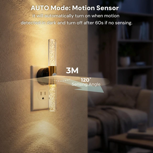 Alt view image 3 of 7 - Motion Sensor Night Light, Amber-3000K-5000K, Rotating, 2 Pack | Motion Activated, Light Sensor, Plug into Wall, LED Dimmable 100LM, Bubble Style, For Bedroom Bathroom Hallway Kids Adults