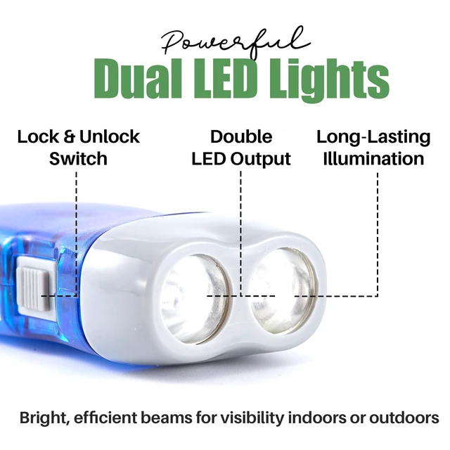 Alt view image 3 of 7 - 4-Pack Hand Crank Flashlights for Emergencies, Double LED | Hand-press crank generates power without batteries; compact dual-LED lights are ideal for cars, camping, hiking and outages.
