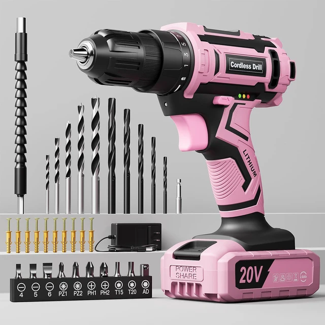 Main image of Pink Cordless Drill Set, 20V Electric Power Drill for Women, Lightweight Electric Screwdriver Driver with Power Pack & Charger, 3/8" Keyless Chuck, Womens Tool Kit for House