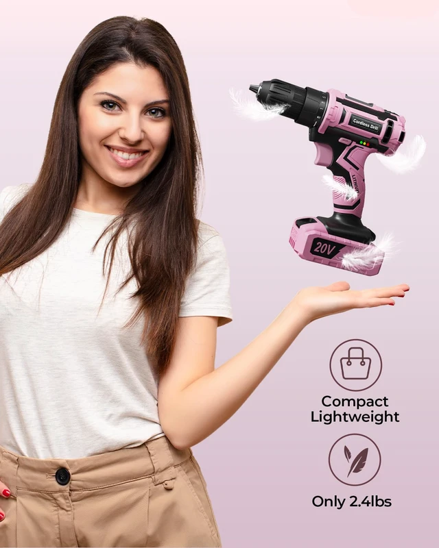 Alt view image 2 of 7 - Pink Cordless Drill Set, 20V Electric Power Drill for Women, Lightweight Electric Screwdriver Driver with Power Pack & Charger, 3/8" Keyless Chuck, Womens Tool Kit for House