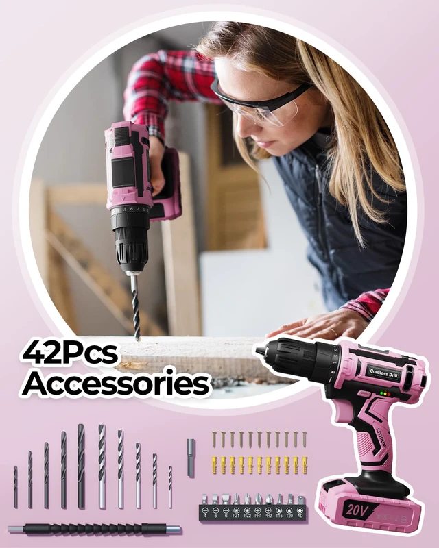 Alt view image 3 of 7 - Pink Cordless Drill Set, 20V Electric Power Drill for Women, Lightweight Electric Screwdriver Driver with Power Pack & Charger, 3/8" Keyless Chuck, Womens Tool Kit for House