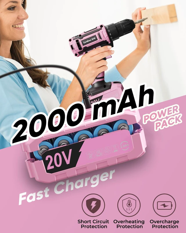 Alt view image 4 of 7 - Pink Cordless Drill Set, 20V Electric Power Drill for Women, Lightweight Electric Screwdriver Driver with Power Pack & Charger, 3/8" Keyless Chuck, Womens Tool Kit for House