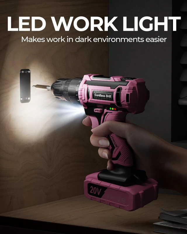 Alt view image 5 of 7 - Pink Cordless Drill Set, 20V Electric Power Drill for Women, Lightweight Electric Screwdriver Driver with Power Pack & Charger, 3/8" Keyless Chuck, Womens Tool Kit for House