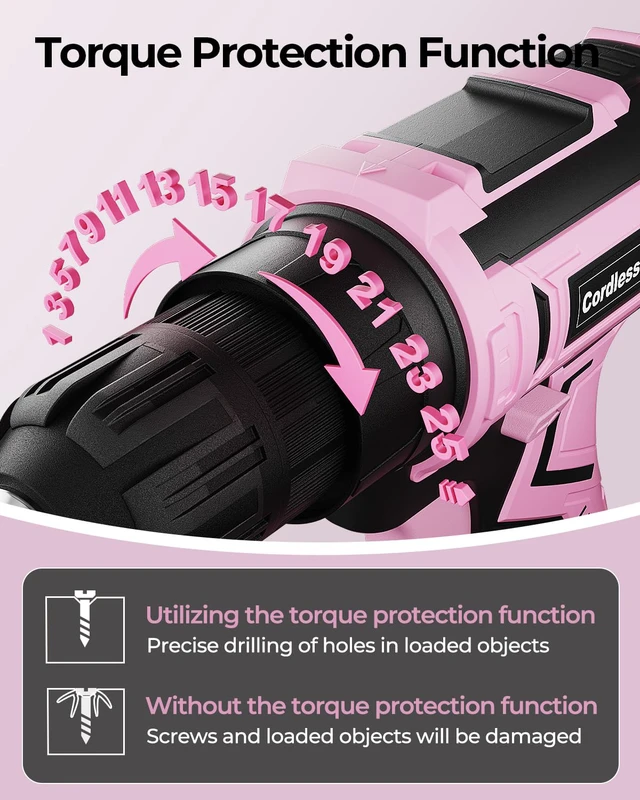 Alt view image 6 of 7 - Pink Cordless Drill Set, 20V Electric Power Drill for Women, Lightweight Electric Screwdriver Driver with Power Pack & Charger, 3/8" Keyless Chuck, Womens Tool Kit for House