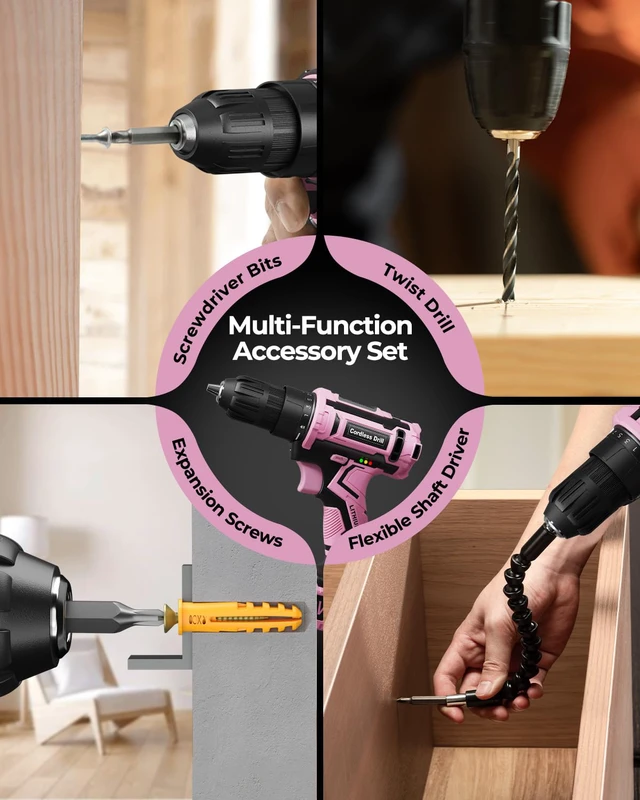 Alt view image 7 of 7 - Pink Cordless Drill Set, 20V Electric Power Drill for Women, Lightweight Electric Screwdriver Driver with Power Pack & Charger, 3/8" Keyless Chuck, Womens Tool Kit for House