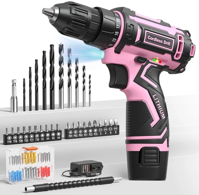 Main image of Pink Cordless Drill Set, Electric Power Drill for Women, Lightweight Electric Screwdriver Driver with Battery & Charger, 3/8" Keyless Chuck, Womens Tool Kit for Home DIY Projects