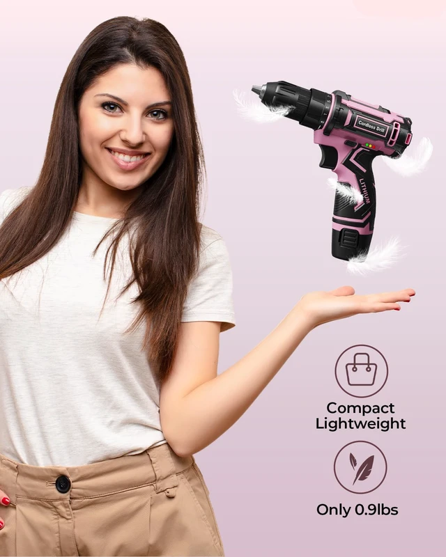 Alt view image 2 of 7 - Pink Cordless Drill Set, Electric Power Drill for Women, Lightweight Electric Screwdriver Driver with Battery & Charger, 3/8" Keyless Chuck, Womens Tool Kit for Home DIY Projects