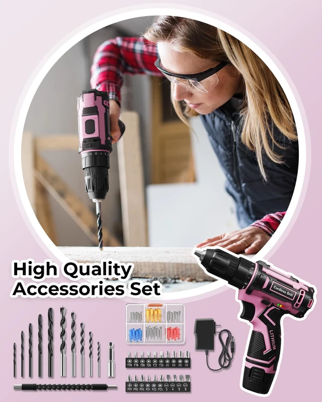 Alt view image 3 of 7 - Pink Cordless Drill Set, Electric Power Drill for Women, Lightweight Electric Screwdriver Driver with Battery & Charger, 3/8" Keyless Chuck, Womens Tool Kit for Home DIY Projects