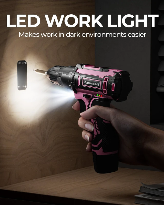 Alt view image 4 of 7 - Pink Cordless Drill Set, Electric Power Drill for Women, Lightweight Electric Screwdriver Driver with Battery & Charger, 3/8" Keyless Chuck, Womens Tool Kit for Home DIY Projects