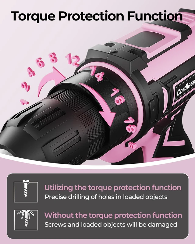 Alt view image 6 of 7 - Pink Cordless Drill Set, Electric Power Drill for Women, Lightweight Electric Screwdriver Driver with Battery & Charger, 3/8" Keyless Chuck, Womens Tool Kit for Home DIY Projects