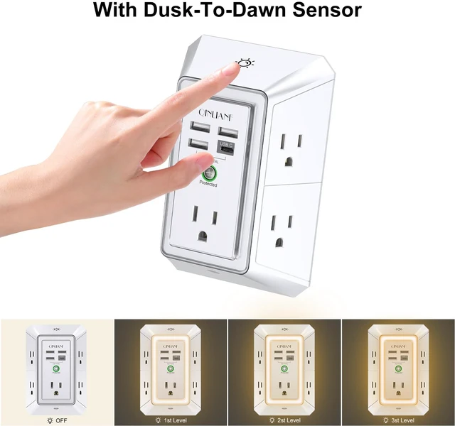 Alt view image 4 of 7 - Wall Charger, Surge Protector, 5 Outlet Extender with 4 USB Ports | 1680 Joules, 3-Sided Power Strip with Night Light, Multi Plug Wall Outlet Adapter Spaced for Home Travel Office, White