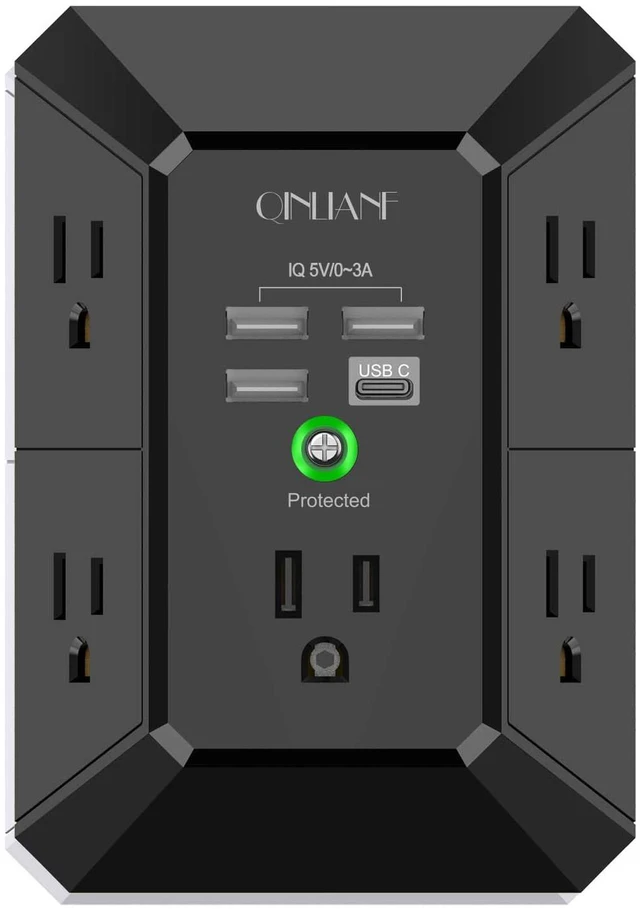 Main image of Wall Charger, Surge Protector, 5 Outlet Extender with 4 USB Ports | 1680 Joules, 3-Sided Power Strip, Multi Plug Wall Outlet Adapter Spaced for Home Travel Office, Black