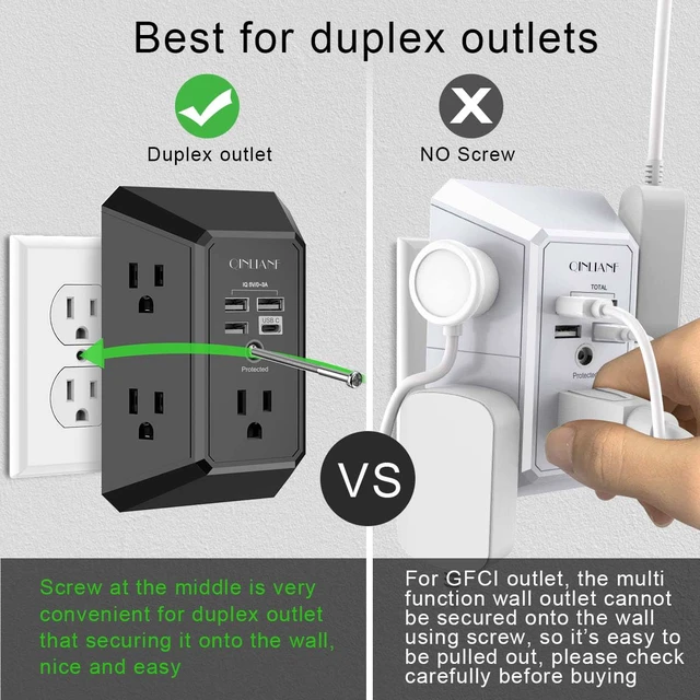 Alt view image 3 of 7 - Wall Charger, Surge Protector, 5 Outlet Extender with 4 USB Ports | 1680 Joules, 3-Sided Power Strip, Multi Plug Wall Outlet Adapter Spaced for Home Travel Office, Black