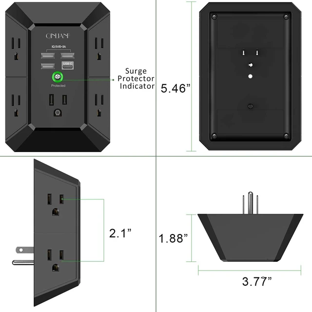 Alt view image 7 of 7 - Wall Charger, Surge Protector, 5 Outlet Extender with 4 USB Ports | 1680 Joules, 3-Sided Power Strip, Multi Plug Wall Outlet Adapter Spaced for Home Travel Office, Black