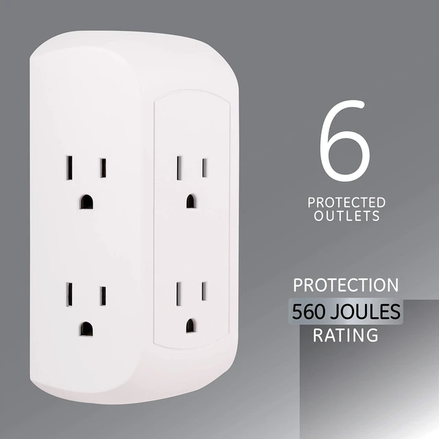 Alt view image 2 of 6 - Pro 6-Outlet Extender, Surge Protector, Spaced Wall Tap, Side-Access | 3-Prong Power Strip, Charging Station, 560 Joules, UL Listed, White, 43648