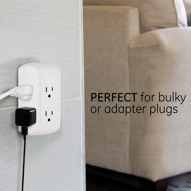 Alt view image 5 of 6 - Pro 6-Outlet Extender, Surge Protector, Spaced Wall Tap, Side-Access | 3-Prong Power Strip, Charging Station, 560 Joules, UL Listed, White, 43648