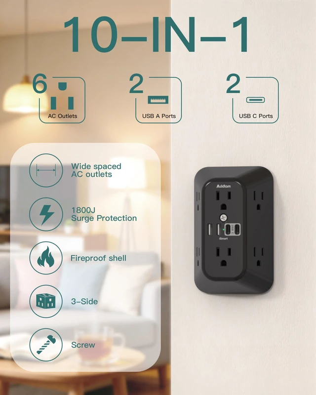 Alt view image 2 of 7 - 6-Outlet Extender Surge Protector, Multi Plug Wall Outlet with 4 USB Wall Charger(2 USB C Ports), Plug Extension Outlet with 1800J, Outlet Splitter Power Strip for Home Office, Black