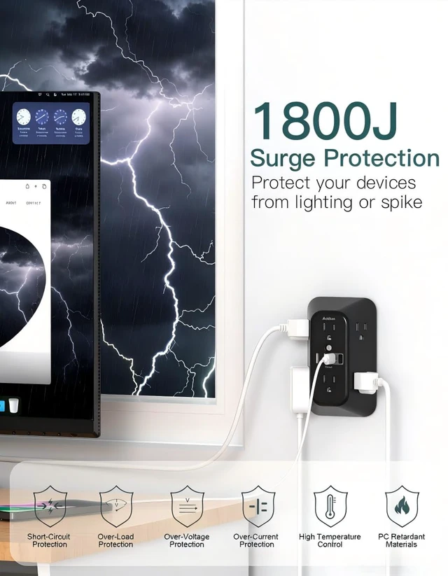 Alt view image 4 of 7 - 6-Outlet Extender Surge Protector, Multi Plug Wall Outlet with 4 USB Wall Charger(2 USB C Ports), Plug Extension Outlet with 1800J, Outlet Splitter Power Strip for Home Office, Black