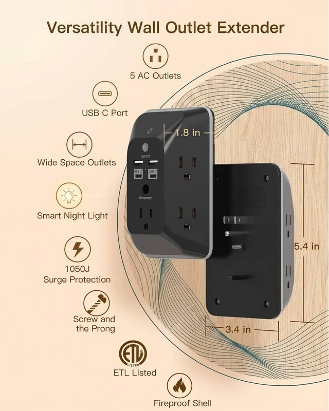 Alt view image 2 of 7 - Outlet Extender with Night Light, Multi Plug Outlet, USB Wall Charger | Surge Protector with 4 USB Ports(2 USB C), 5 Widely Spaced Outlets Splitter, Expander for Home, Dorm Room Essentials, Black