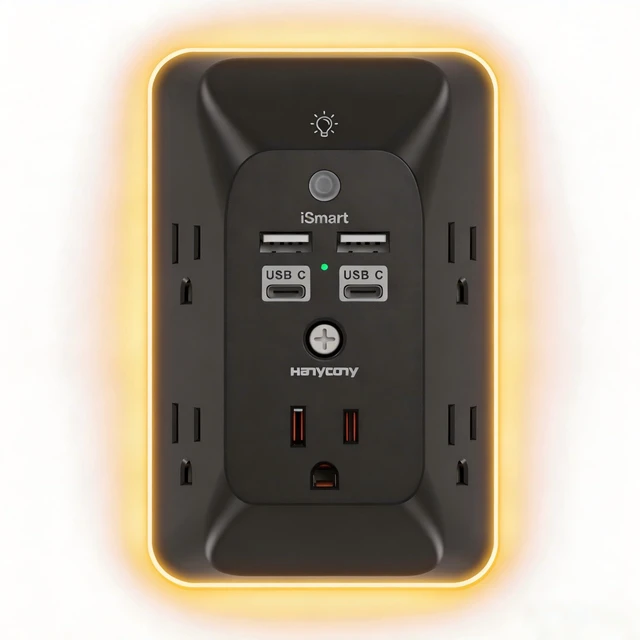 Main image of Outlet Extender with Night Light, Multi Plug Outlet, USB Wall Charger | Surge Protector with 4 USB Ports(2 USB C), 5 Widely Spaced Outlets Splitter, Expander for Home, Dorm Room Essentials, Black