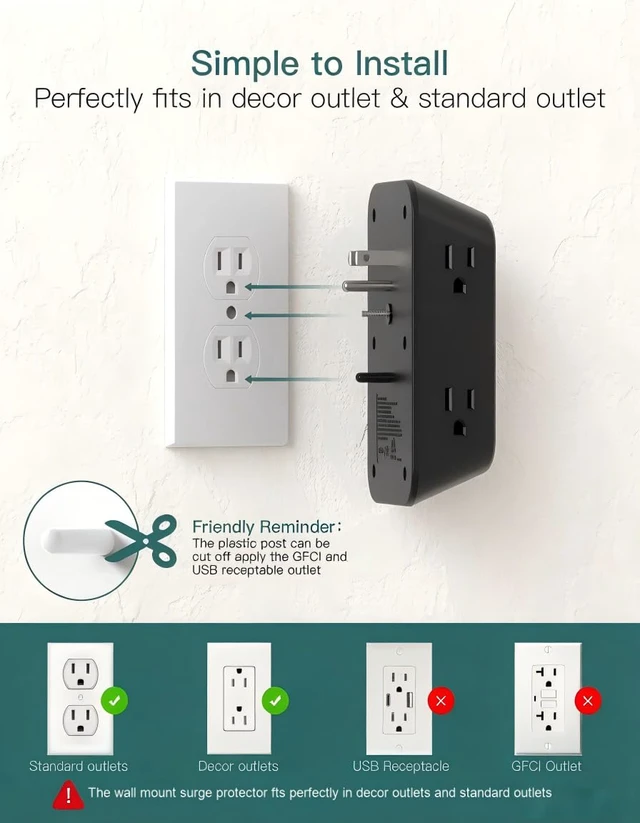 Alt view image 7 of 7 - 6-Outlet Extender Surge Protector, Multi Plug Wall Outlet with 4 USB Wall Charger(2 USB C Ports), Plug Extension Outlet with 1800J, Outlet Splitter Power Strip for Home Office, Black