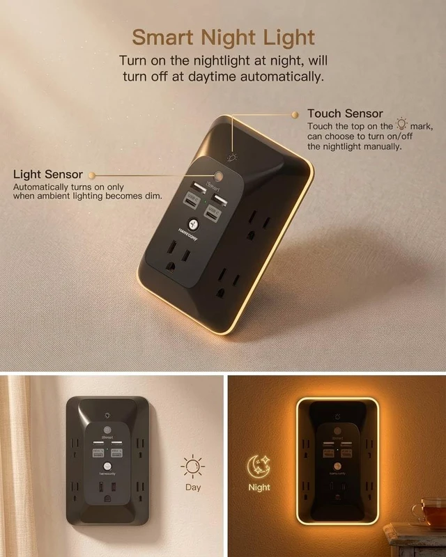 Alt view image 3 of 7 - Outlet Extender with Night Light, Multi Plug Outlet, USB Wall Charger | Surge Protector with 4 USB Ports(2 USB C), 5 Widely Spaced Outlets Splitter, Expander for Home, Dorm Room Essentials, Black