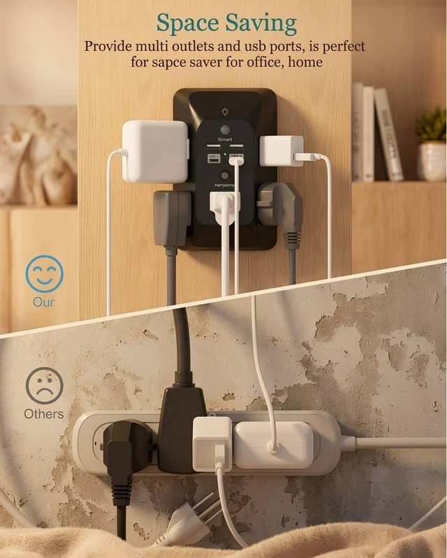 Alt view image 6 of 7 - Outlet Extender with Night Light, Multi Plug Outlet, USB Wall Charger | Surge Protector with 4 USB Ports(2 USB C), 5 Widely Spaced Outlets Splitter, Expander for Home, Dorm Room Essentials, Black