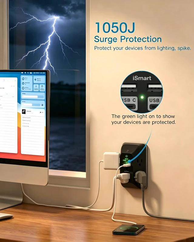 Alt view image 5 of 7 - Outlet Extender with Night Light, Multi Plug Outlet, USB Wall Charger | Surge Protector with 4 USB Ports(2 USB C), 5 Widely Spaced Outlets Splitter, Expander for Home, Dorm Room Essentials, Black