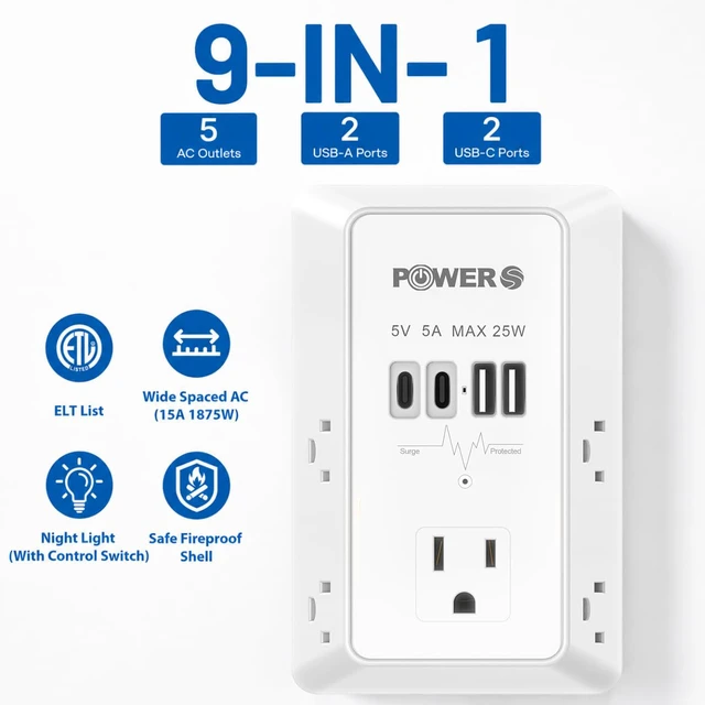 Alt view image 3 of 7 - Electrical Outlet Extender with USB Ports (2C2A), Snug Wall Outlet, Surge Protector, Wall Plug Adapter for Multiple Devices, Wall Socket Expander