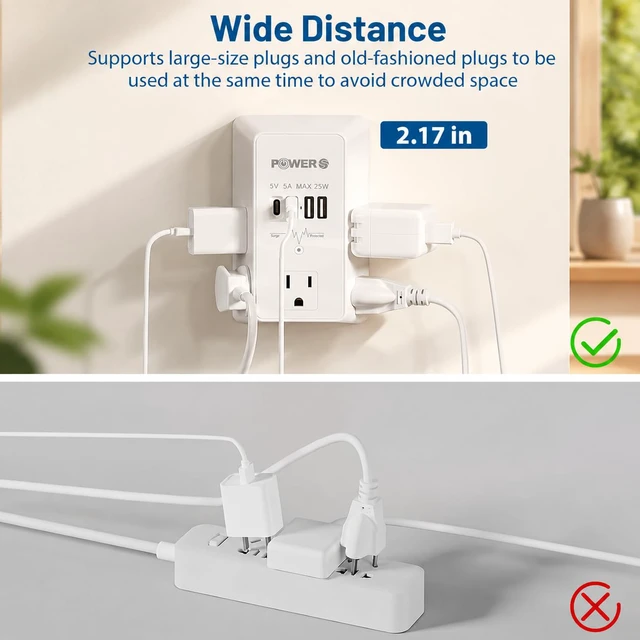 Alt view image 4 of 7 - Electrical Outlet Extender with USB Ports (2C2A), Snug Wall Outlet, Surge Protector, Wall Plug Adapter for Multiple Devices, Wall Socket Expander
