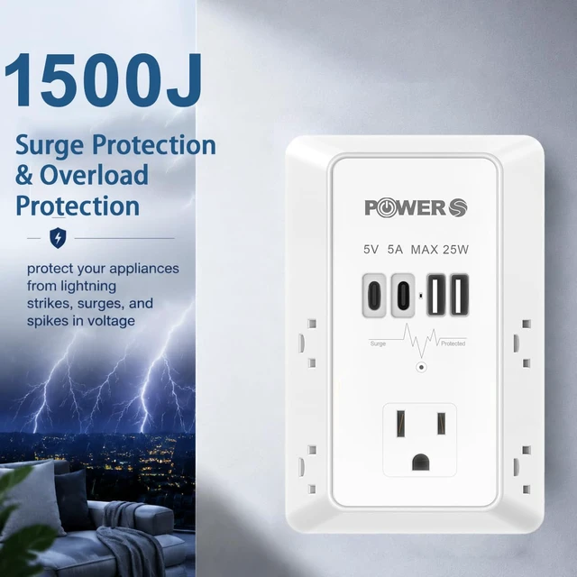 Alt view image 5 of 7 - Electrical Outlet Extender with USB Ports (2C2A), Snug Wall Outlet, Surge Protector, Wall Plug Adapter for Multiple Devices, Wall Socket Expander